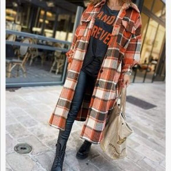 New Plaid Button Down Long Shacket Jacket - Picture 1 of 9
